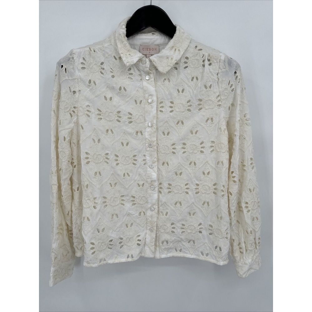 CIEBON Cream & White Lined Eyelet Shirt Floral Collared‎ Size S EUC